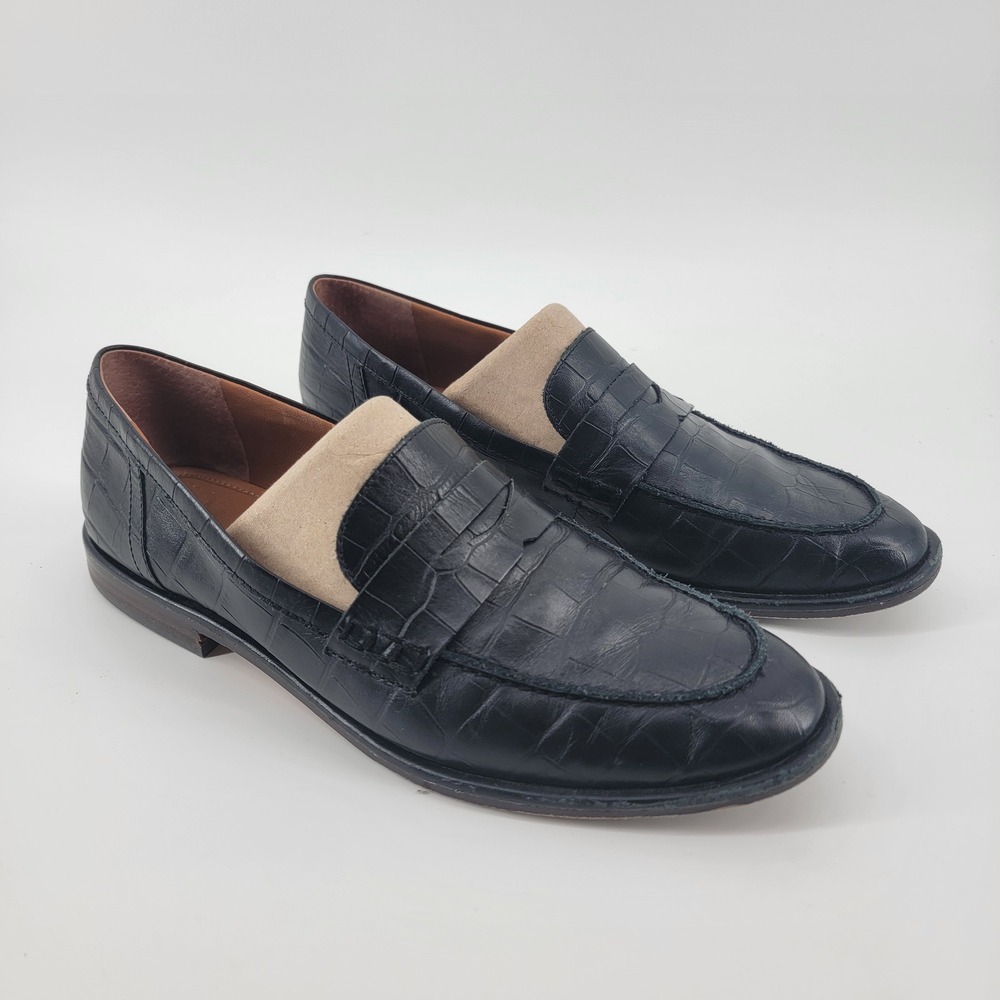 J.McLaughlin Concetta Penny Loafers Women Size 10 Black Croc Embossed Leather